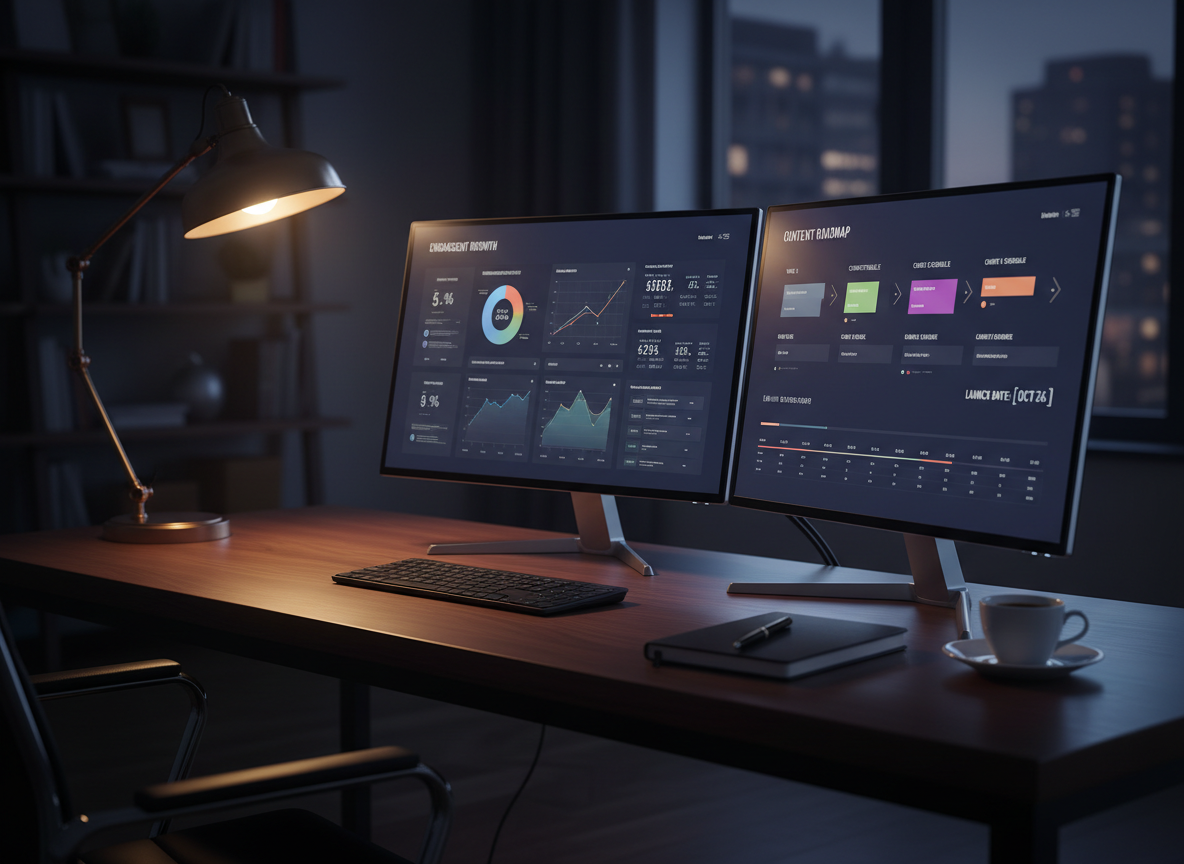 A sophisticated dual-monitor desktop setup in a dimly lit office corner, with both ultra-thin screens displaying different aspects of a social media coaching business: one shows an in-depth analytics dashboard with rising graphs, the other a structured content roadmap and launch timeline. The monitors sit on a dark walnut desk with a satin finish, accompanied by a wireless keyboard, a minimalist black notebook, and a single white porcelain espresso cup on a small saucer. A desk lamp with a brass stem casts warm, focused light that pools around the workspace, contrasting with the cool glow of the screens. Shot from a three-quarter angle with moderate depth of field and photographic realism, the composition feels quietly powerful and strategic, capturing the sophisticated night-owl planning behind visible online success.