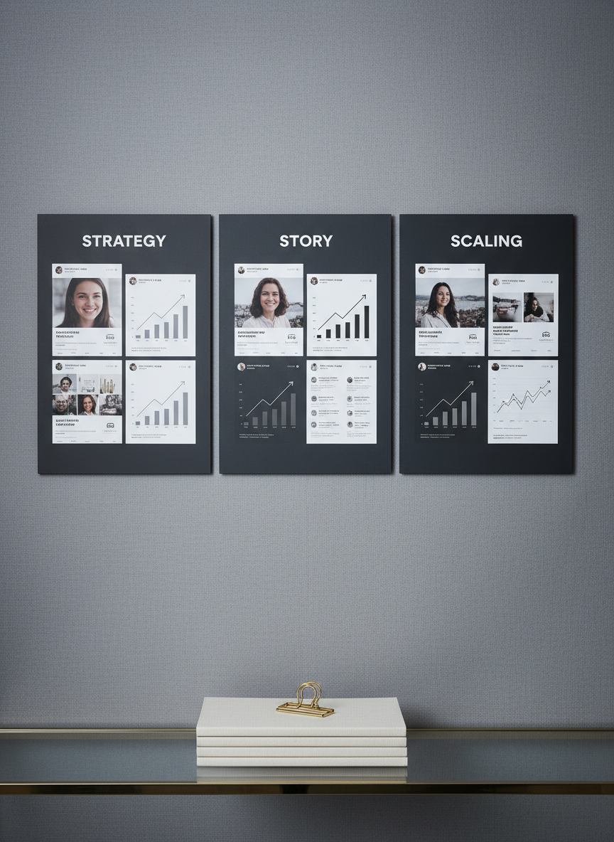 A set of three luxurious, matte-finished vision boards pinned to a soft gray fabric wall, each board meticulously arranged with printed mockups of high-performing social media posts, growth charts, and bold headlines like “Strategy,” “Story,” and “Scaling.” On a narrow glass console beneath them, a stack of linen-textured notebooks and a single gold metal clip add refined detail. Cool, indirect studio lighting casts delicate, even illumination, minimizing harsh shadows and emphasizing the clean lines and textures. Shot straight on at eye level with sharp focus throughout, the photographic realism and restrained color palette of charcoal, white, and muted gold create a sophisticated, aspirational mood, ideal for a social media coaching brand focused on clarity and growth.
