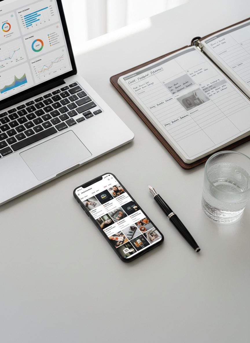 An elegant flat lay of a high-end workspace dedicated to social media strategy, featuring a slim silver laptop displaying an analytics dashboard, a leather-bound content planner open to a neatly organized posting calendar, and a sleek smartphone showing a grid of polished posts. They rest on a matte white desk with a subtle texture, accented by a single black fountain pen and a minimalist glass of sparkling water. Soft daylight from an unseen window creates gentle, natural highlights and clean shadows, giving the scene a calm, confident atmosphere. Photographed at a slightly elevated angle with shallow depth of field and photographic realism, the composition follows the rule of thirds, evoking sophistication, clarity, and focus on digital success without any human presence.