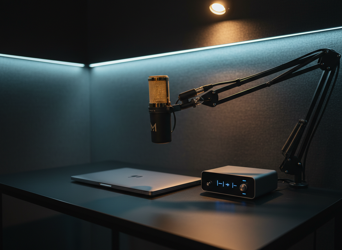 A high-end podcast-style recording setup designed for social media content, carefully arranged on a matte black desk: a sleek condenser microphone with a gold mesh grille on an adjustable arm, a closed laptop with a subtle logo, and a minimalist audio interface with softly glowing level indicators. A sound-absorbing wall in deep charcoal fabric fills the background, with a thin strip of LED backlighting casting a cool halo along its edge. The scene is lit by a single warm overhead spotlight that gently catches metallic surfaces and leaves the rest in tasteful shadow. Photographed in photographic realism from a low, three-quarter angle with shallow depth of field, the image feels intimate, professional, and sophisticated, ideal for representing high-quality, strategically produced social media content.