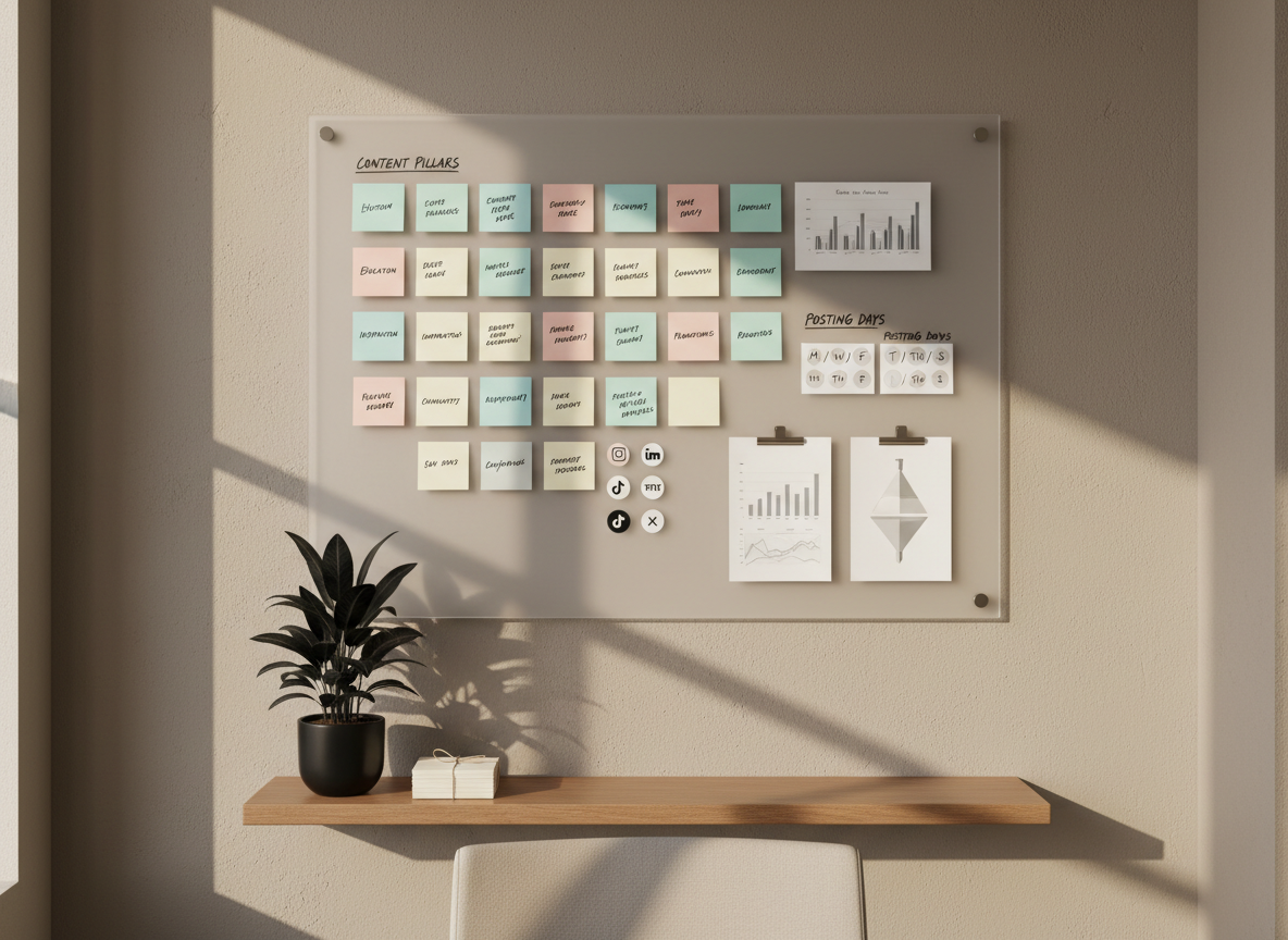 An organized social media strategy wall in a neutral-toned office, featuring a large frosted glass board mounted on a taupe wall, covered with neatly arranged pastel sticky notes labeled with content pillars, posting days, and platform icons. Discreet magnetic clips hold printed mock analytics reports and a minimalist funnel diagram. Below, a narrow oak shelf supports a single monochrome plant in a matte black pot and a stack of cream index cards. Soft afternoon natural light filters in from the left, creating long, refined shadows and a serene, focused atmosphere. Captured straight on with sharp focus and photographic realism, the clean composition and muted palette communicate clarity, structure, and the sophisticated thought process behind strategic social media growth.