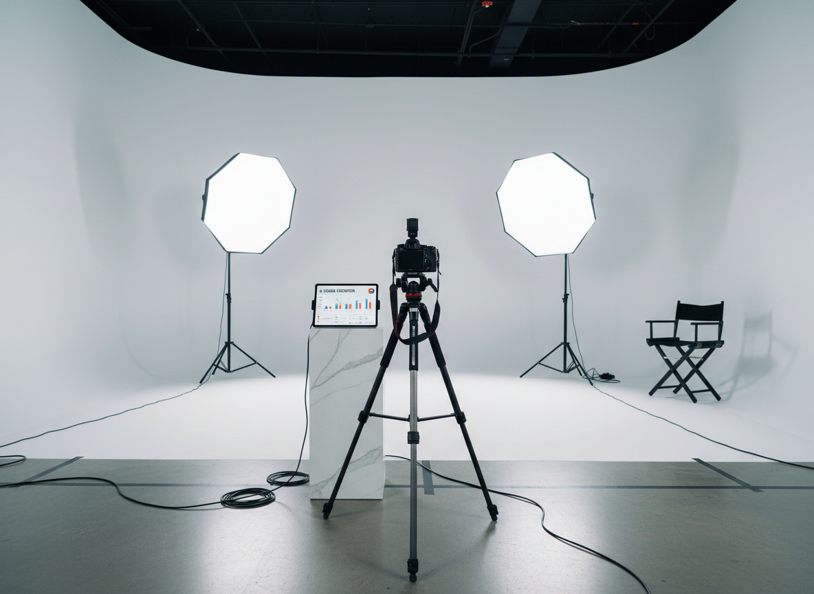 A wide, cinematic shot of a modern content creation studio, entirely empty of people, featuring a pristine white backdrop, a professional camera on a sturdy tripod, and two softbox lights angled toward a central marble pedestal that holds a sleek tablet showing a social media analytics dashboard. Cables are neatly organized along the matte concrete floor, and a single black director’s chair sits pushed back, unused. Cool, diffused studio lighting fills the space, with subtle, directional highlights from the softboxes adding dimension. The atmosphere is poised and strategic, as if ready for a high-end shoot. Photographed at eye level with balanced composition and photographic realism, the scene conveys high production value, authority, and the behind-the-scenes sophistication of a 6-figure creator’s workflow.