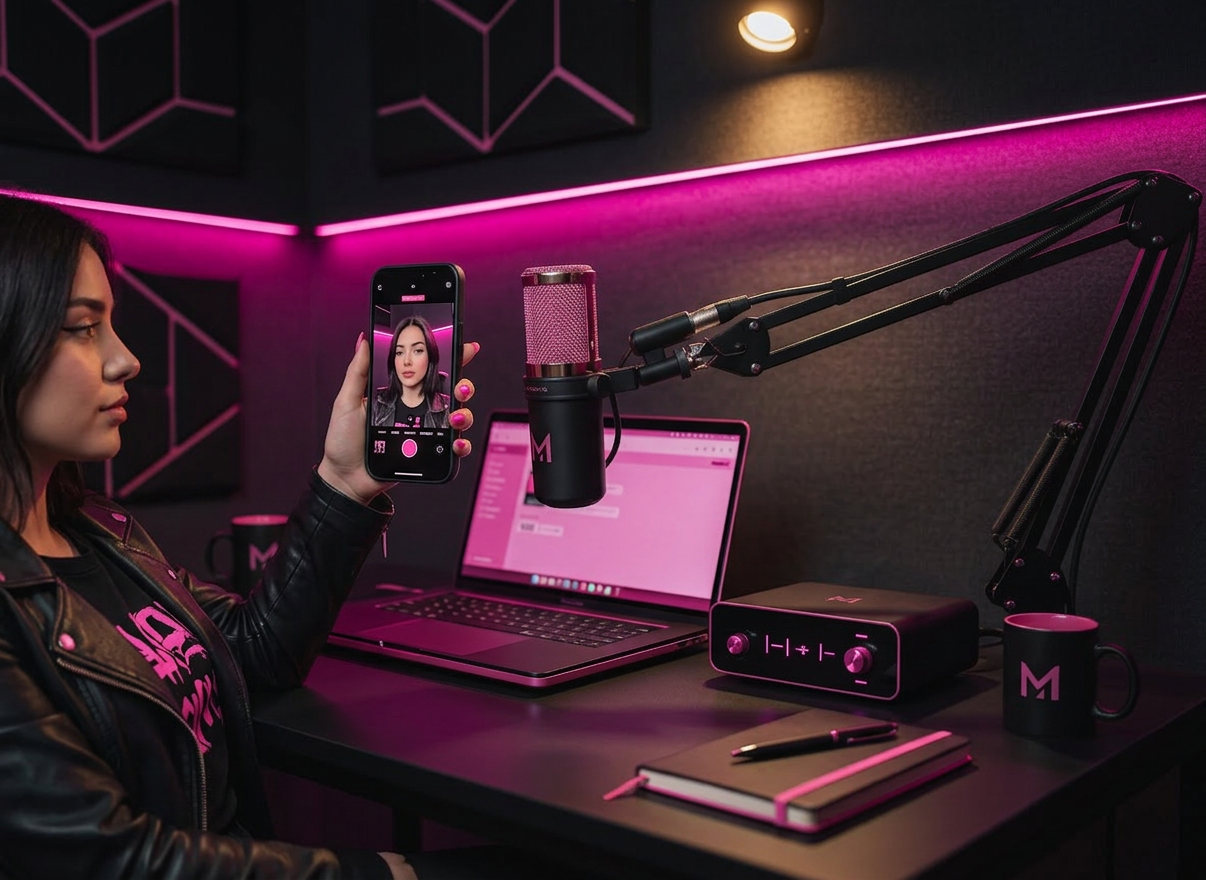 A high-end podcast-style recording setup designed for social media content, carefully arranged on a matte black desk: a sleek condenser microphone with a gold mesh grille on an adjustable arm, a closed laptop with a subtle logo, and a minimalist audio interface with softly glowing level indicators. A sound-absorbing wall in deep charcoal fabric fills the background, with a thin strip of LED backlighting casting a cool halo along its edge. The scene is lit by a single warm overhead spotlight that gently catches metallic surfaces and leaves the rest in tasteful shadow. Photographed in photographic realism from a low, three-quarter angle with shallow depth of field, the image feels intimate, professional, and sophisticated, ideal for representing high-quality, strategically produced social media content.